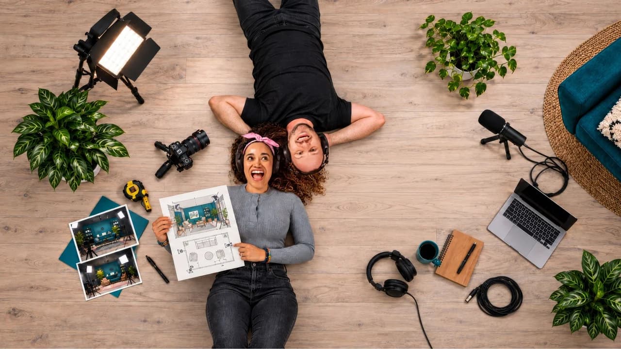PSS Creative Media channel banner: Stephen and Veronica lying head to head on a wood floor, surrounded by cameras, lights, studio plans, and plants