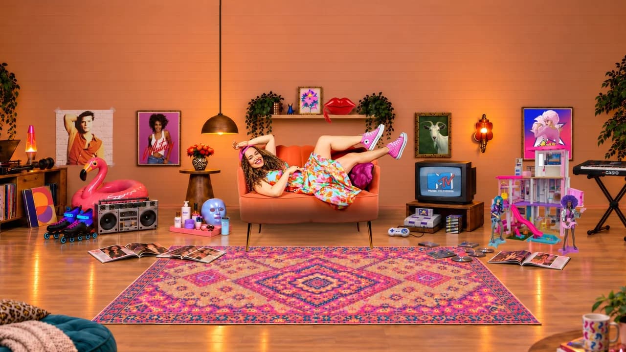 Veronica Tries channel banner: Veronica in pink sneakers reclining on an orange sofa, surrounded by colorful nostalgic decor, roller skates, music, and playful objects