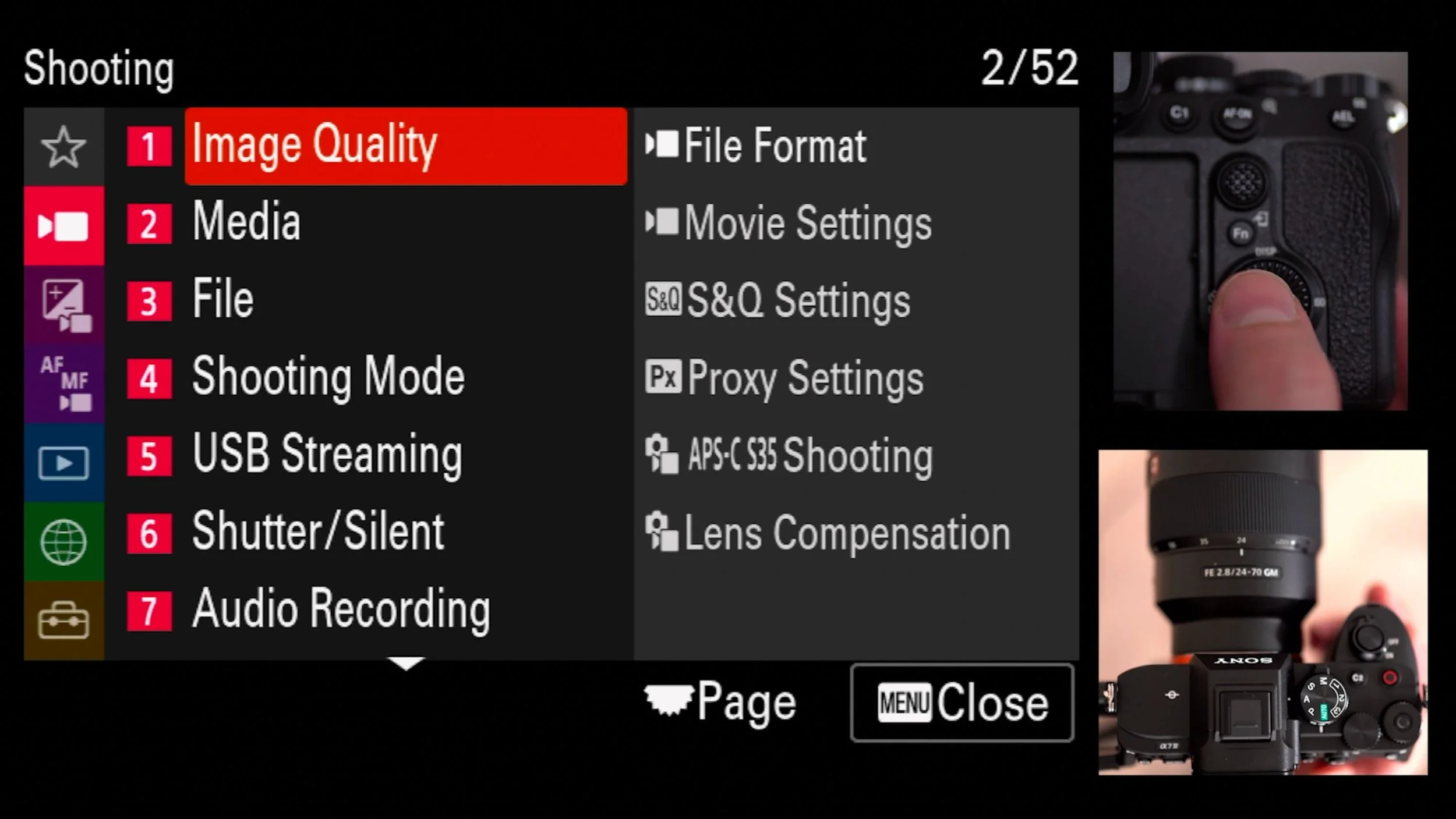Shooting Menu (Red) > 1 Image Quality > File Format, original studio demonstration