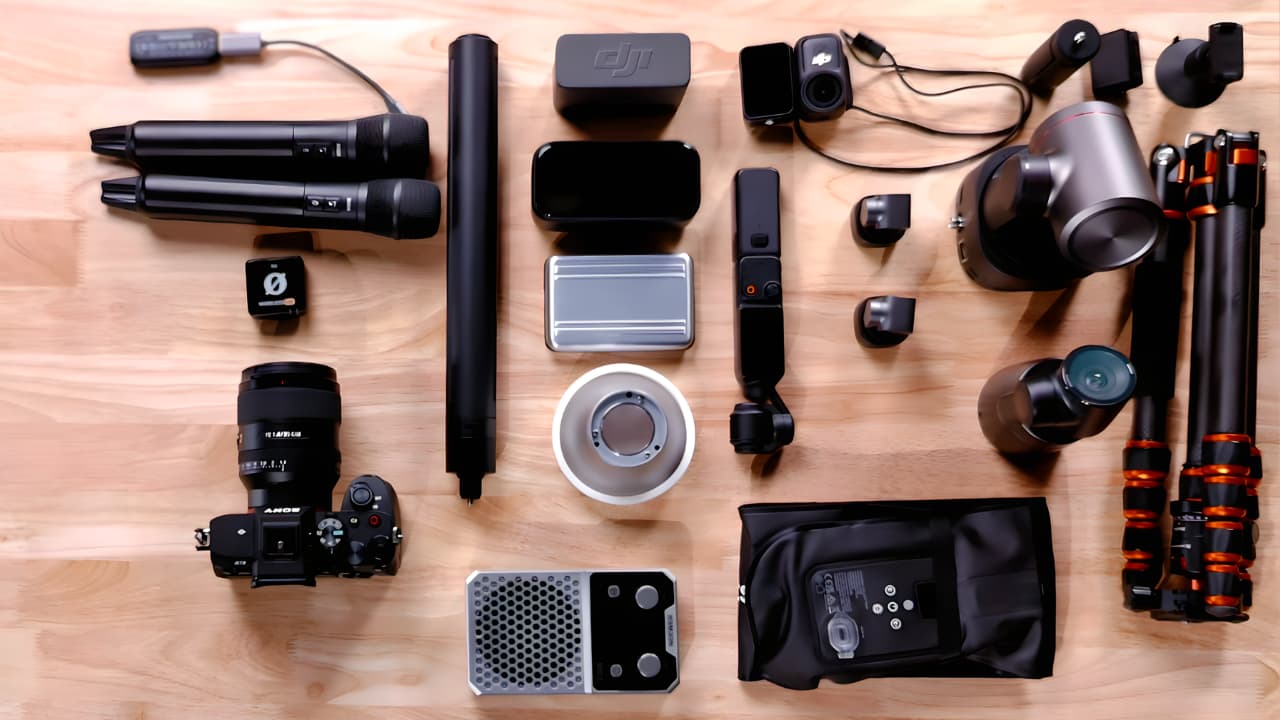 The cameras, microphones, lights and accessories laid out for our Colombia travel setup