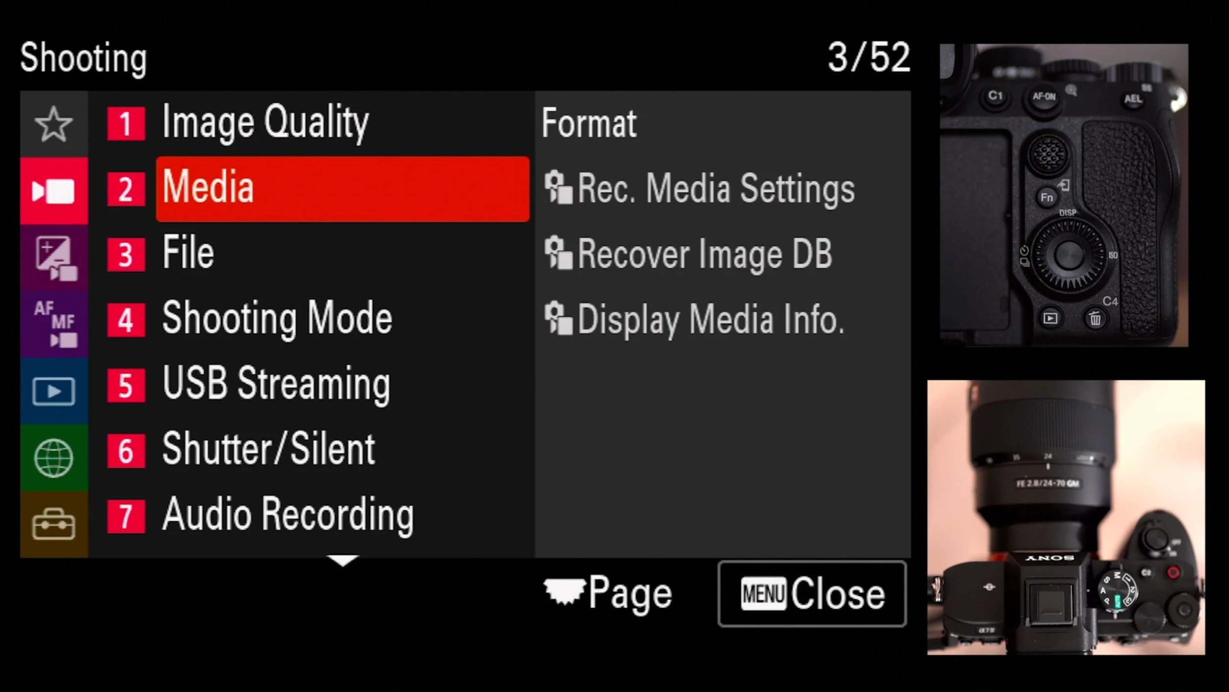 Shooting Menu (Red) > 2 Media > Format, original studio demonstration