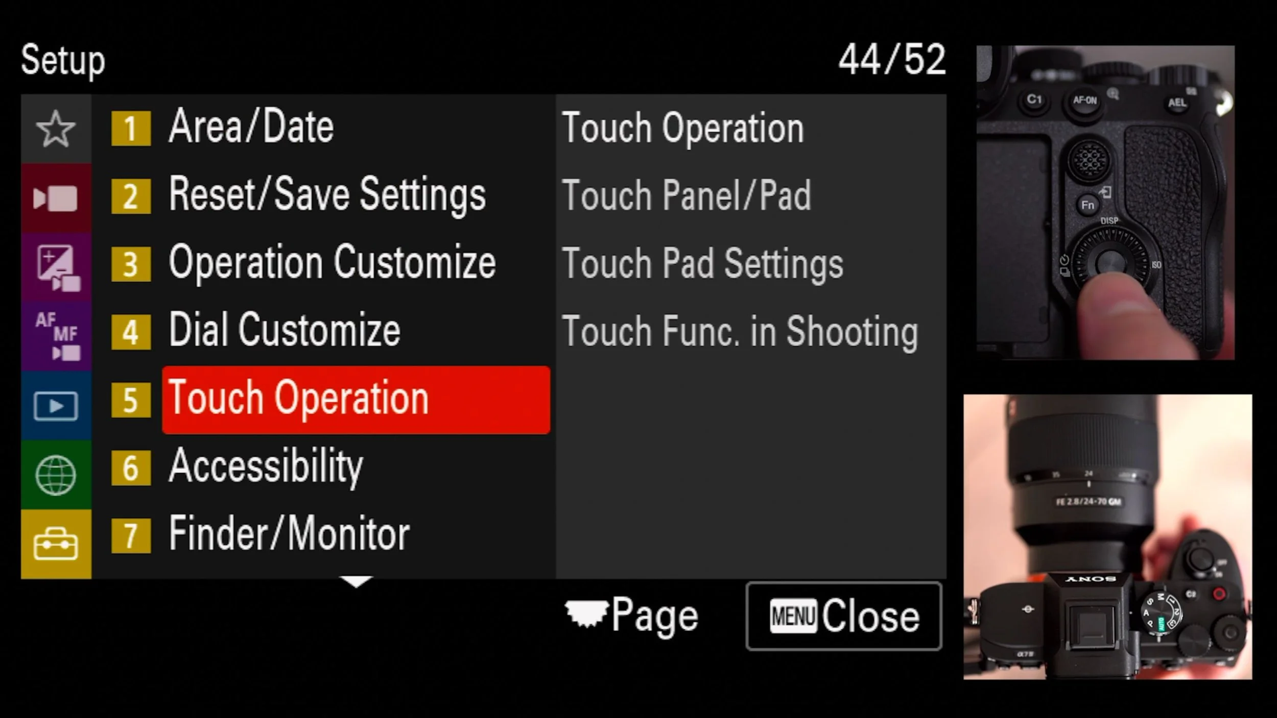 Setup Menu (Yellow) > 5 Touch Operation > Touch Func. in Shooting, original studio demonstration