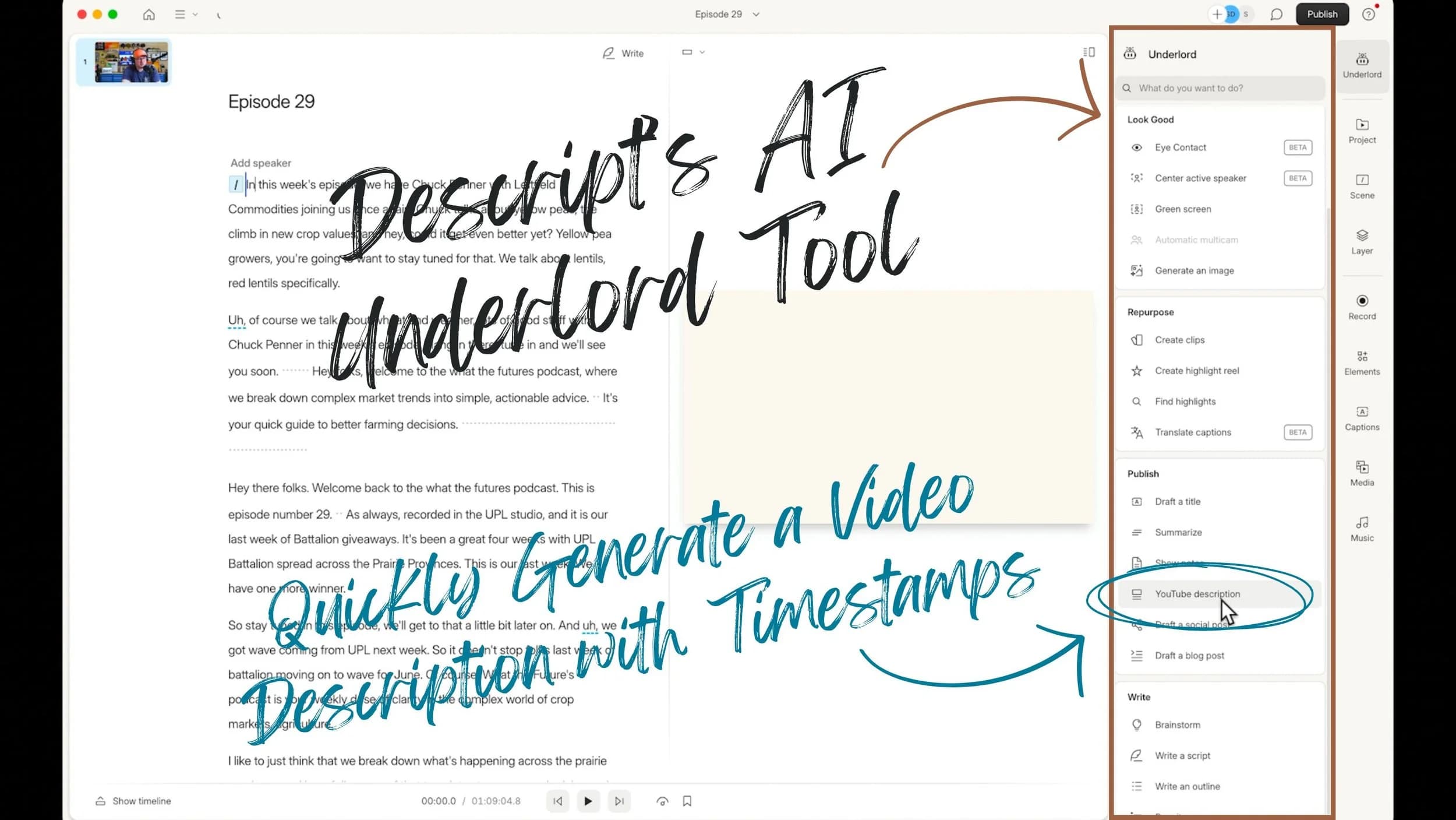 Use Descript to Generate the Episode Transcript and Timestamps, original studio demonstration