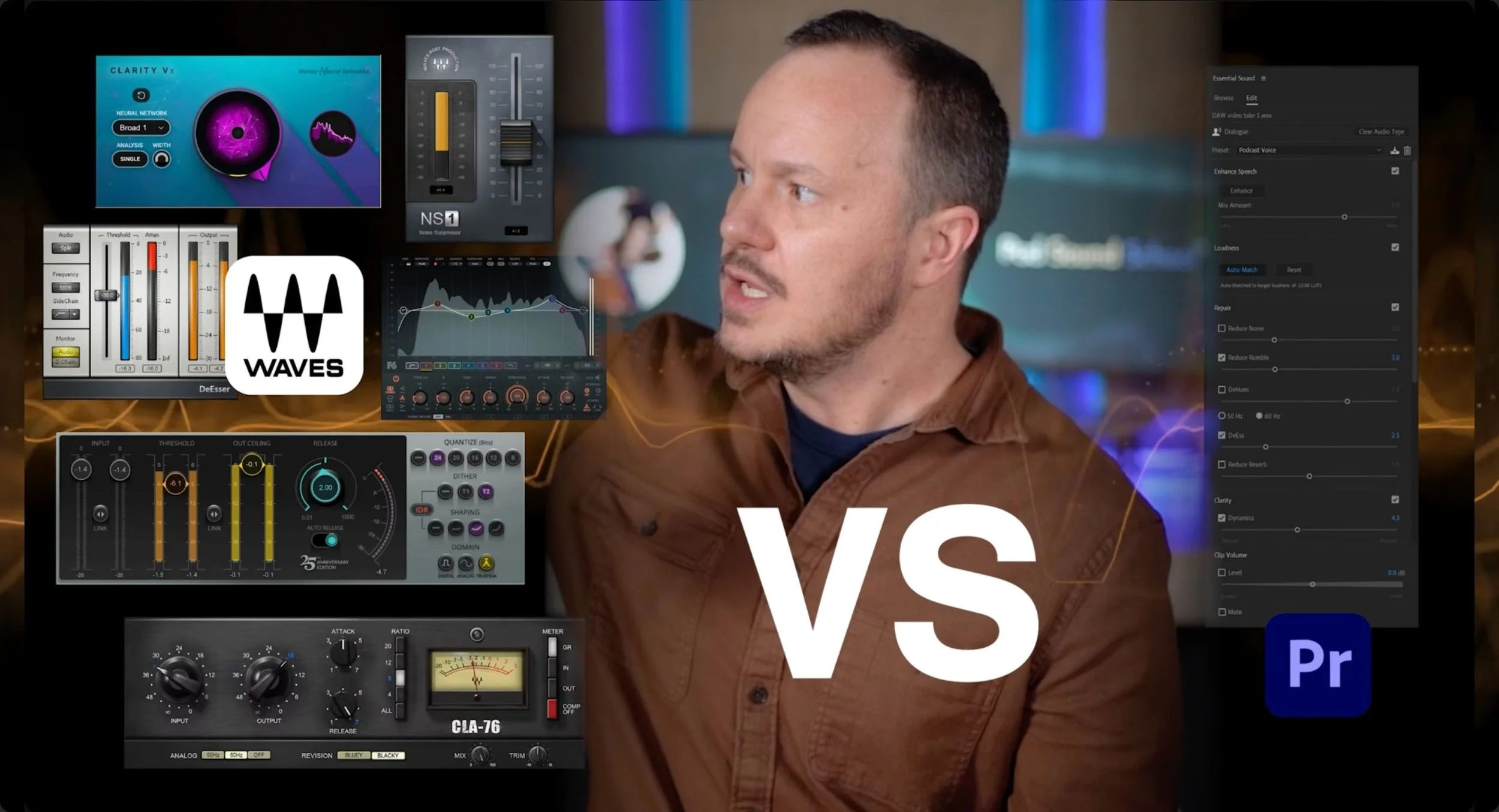 Adobe Podcast AI Essential Sound VS Waves VST Plugins in Premiere Pro, original studio photograph