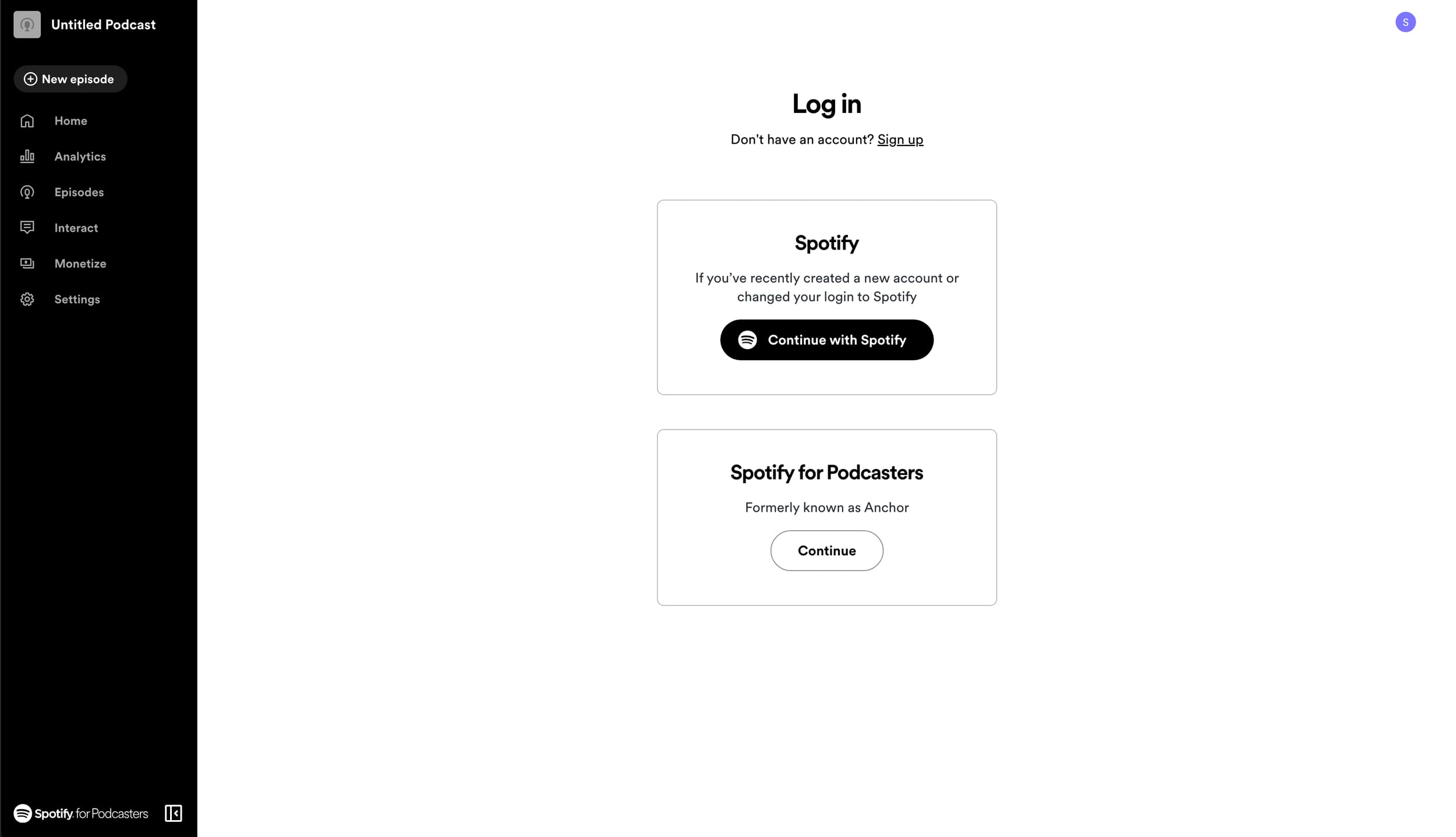 4. Click “Continue with Spotify” or “ Continue” if you already have a Spotify for Podcasters account, original studio demonstration