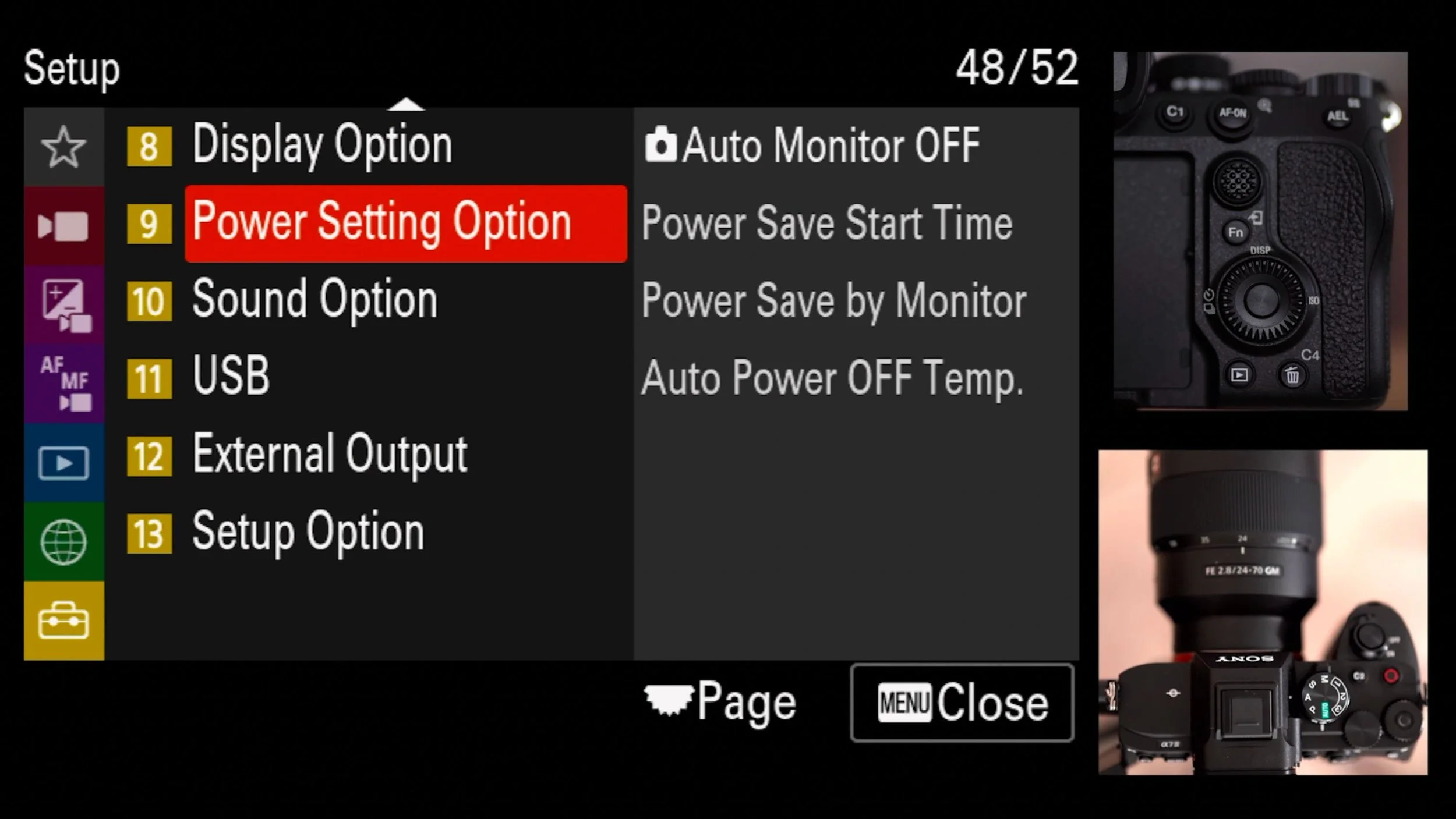 Setup Menu (Yellow) > 9 Power Setting Option, original studio demonstration