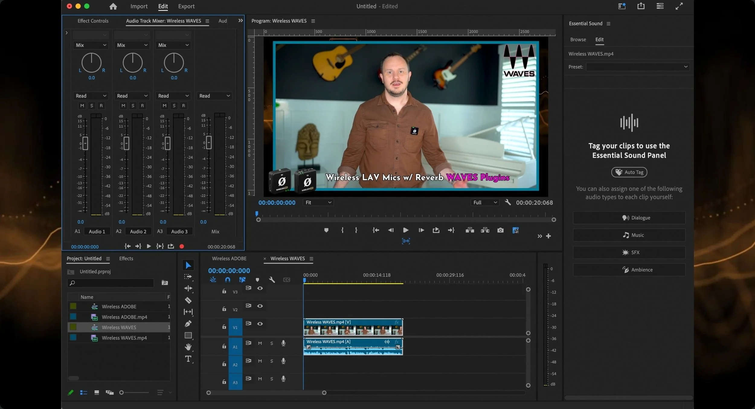 A Look at Adobe Podcast AI Essential Sound and Waves VST Plugins in Premiere Pro, original studio demonstration