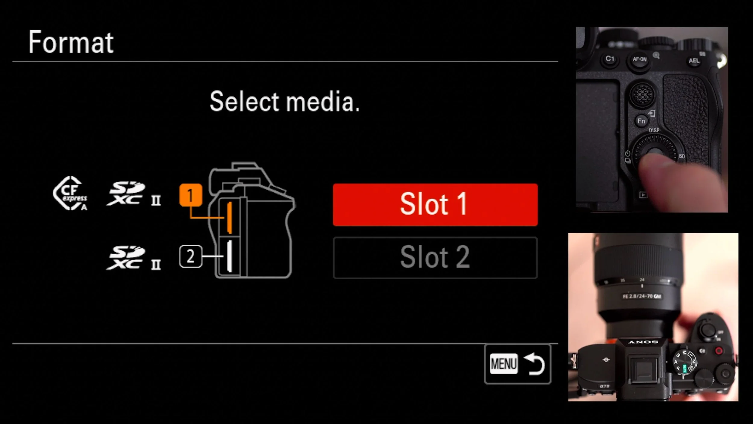 Shooting Menu (Red) > 2 Media > Format, original studio demonstration