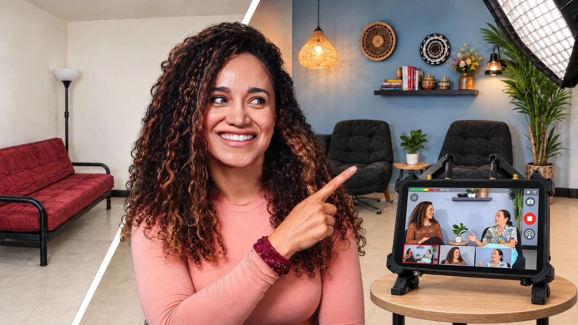 Veronica points toward an OBSBOT Talent 2 showing her family interview, beside views of the original living room and remodeled set.